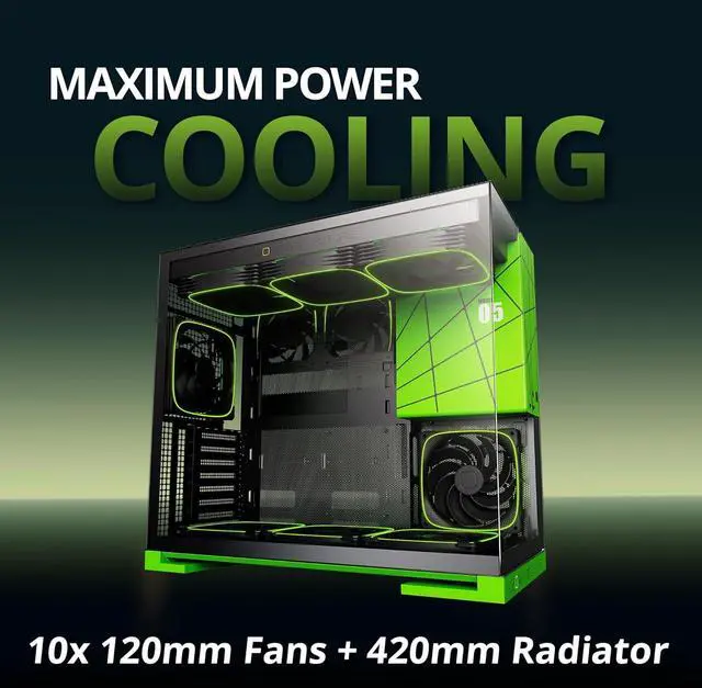 Alt view image 3 of 7 - Geometric Future M5 Tempered Glass Mid Tower, E-ATX/ATX Gaming Case, 1.2mm Steel, Type C, Toolless Panels, Support 420/360 Radiator, Dual-Chamber, Black/Green, GEO-M5-BNY