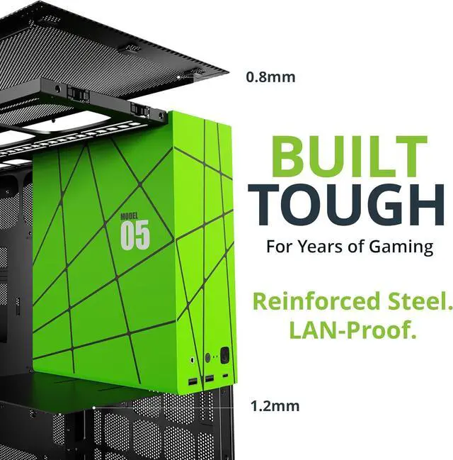 Alt view image 6 of 7 - Geometric Future M5 Tempered Glass Mid Tower, E-ATX/ATX Gaming Case, 1.2mm Steel, Type C, Toolless Panels, Support 420/360 Radiator, Dual-Chamber, Black/Green, GEO-M5-BNY