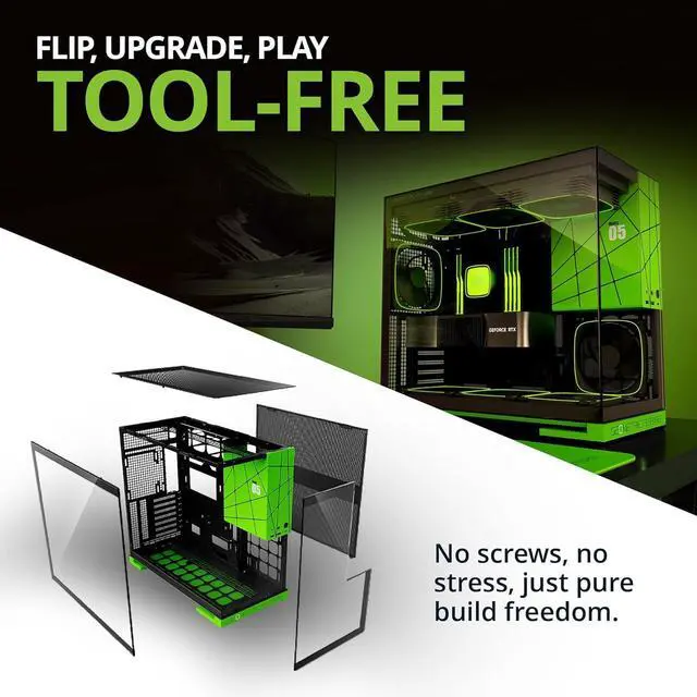 Alt view image 5 of 7 - Geometric Future M5 Tempered Glass Mid Tower, E-ATX/ATX Gaming Case, 1.2mm Steel, Type C, Toolless Panels, Support 420/360 Radiator, Dual-Chamber, Black/Green, GEO-M5-BNY