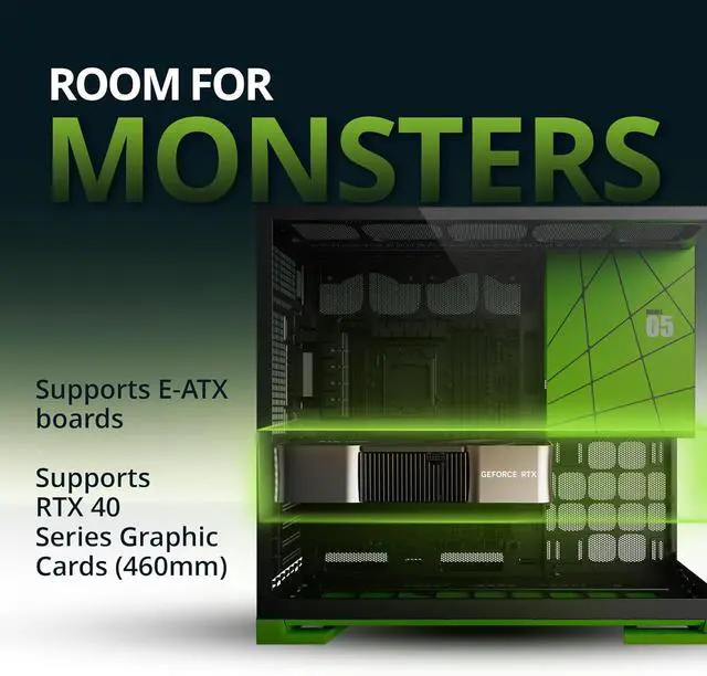 Alt view image 4 of 7 - Geometric Future M5 Tempered Glass Mid Tower, E-ATX/ATX Gaming Case, 1.2mm Steel, Type C, Toolless Panels, Support 420/360 Radiator, Dual-Chamber, Black/Green, GEO-M5-BNY