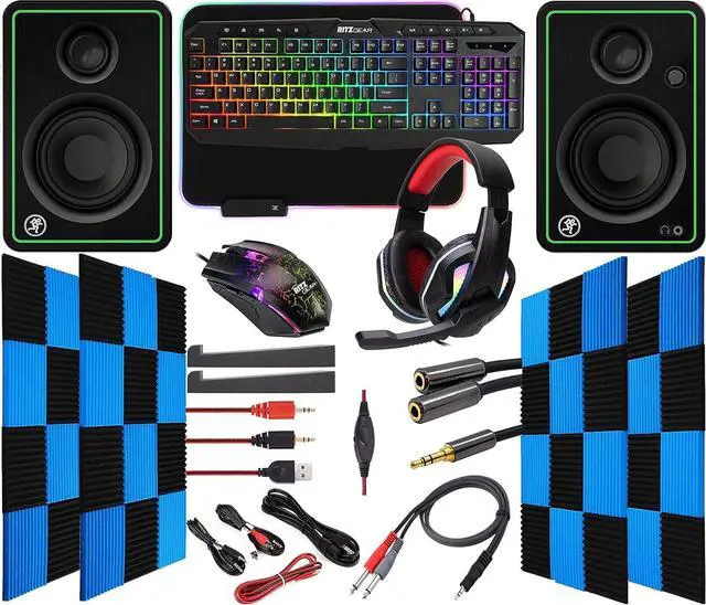 Main image of Ritz Gear RGB Gaming Kit I 4-in-1 LED Combo with Multimedia Keyboard, Optical Mouse, Mouse Pad & Headset with Adapter with CR5-X Bluetooth Monitors and 24 Pack Acoustic Soundproof Wedge Panels
