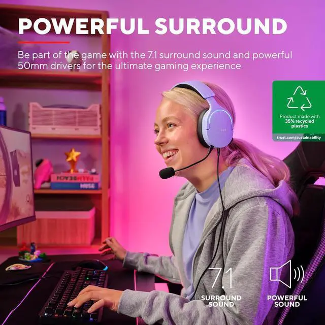 Alt view image 2 of 7 - Trust Gaming GXT 490P Fayzo USB Gaming Headset 7.1 Surround Sound, 50mm Drivers, 35% Recycled Plastics, RGB Over-Ear Wired Headphones, with Noise Cancelling Microphone for PC PS5 - Purple