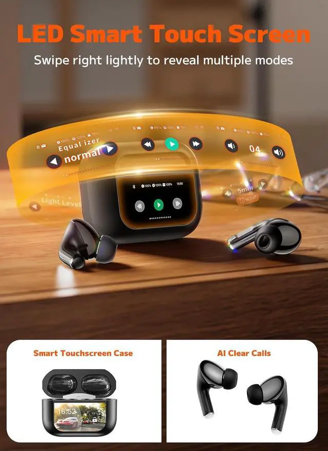 Alt view image 2 of 7 - Wireless Earbuds, ENC Noise Cancelling Ear Buds with Smart Touchscreen Case, 48H Playtime for Sports & Working, Bass Stereo Sound, Bluetooth 5.4 Headphones for iPhone 17/16/15/14/13/Android