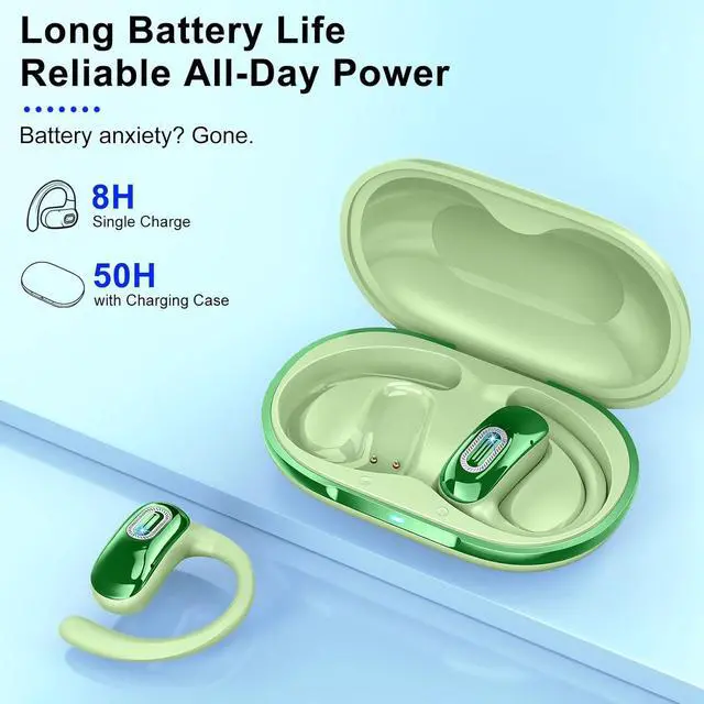 Alt view image 2 of 7 - Open Ear Headphones, Bluetooth 5.4 Earbuds, 50H, Air Conduction Ear Buds, HD Stereo Bass Over Ear Earphones with Earhooks, Ultra-Comfort Secure Fit, IPX7 Waterproof Headset for Working Sports, Green
