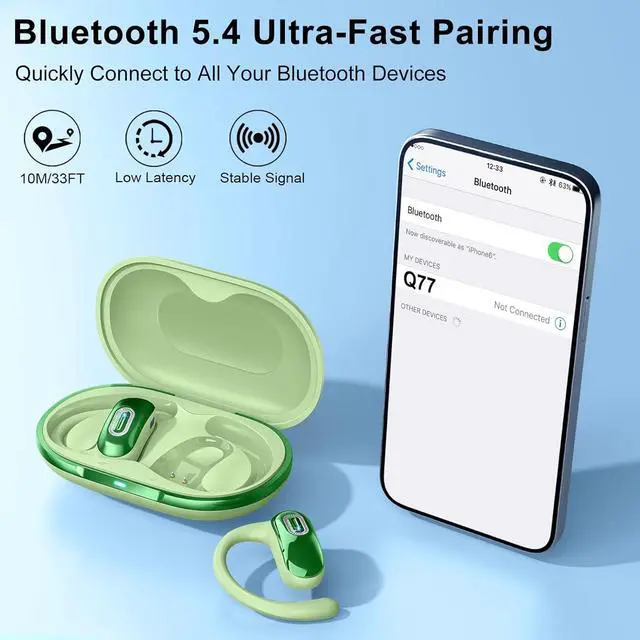 Alt view image 7 of 7 - Open Ear Headphones, Bluetooth 5.4 Earbuds, 50H, Air Conduction Ear Buds, HD Stereo Bass Over Ear Earphones with Earhooks, Ultra-Comfort Secure Fit, IPX7 Waterproof Headset for Working Sports, Green