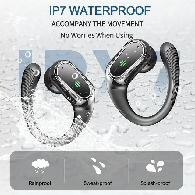 Alt view image 6 of 7 - Wireless Earbuds, 2025 Bluetooth 5.4 Headphones Sport, 50Hrs HiFi Stereo Deep Bass Over-Ear buds with ENC Noise Cancelling Mic, IP7 Waterproof & LED Display Earphones with Earhooks for Workout/Running