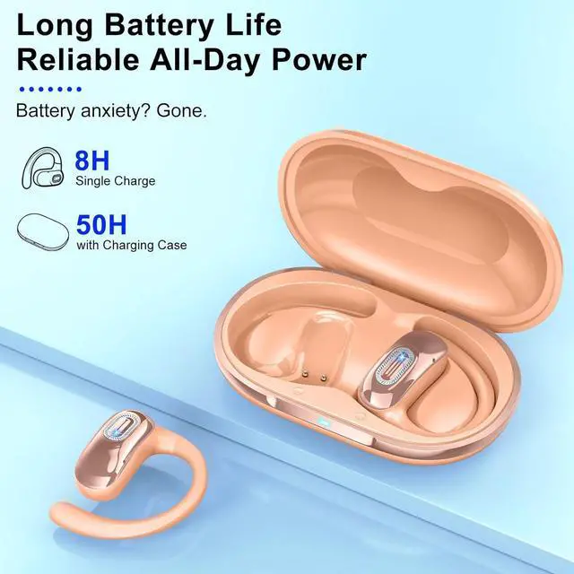 Alt view image 2 of 7 - Open Ear Headphones, Bluetooth 5.4 Earbuds, 50H, Air Conduction Ear buds, HD Stereo Bass Over Ear Earphones with Earhooks, Ultra-Comfort Secure Fit, IPX7 Waterproof Headset for Working Sports, Orange