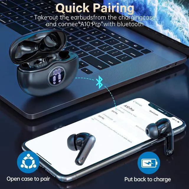 Alt view image 2 of 7 - A10 Pro Wireless Earbuds Bluetooth 5.3 HiFi Stereo, 50H Playback LED Digital Display Earphones, ENC Noise Cancelling Mic, Ergonomic Sport Headphone Headset for Gym/Running/Work