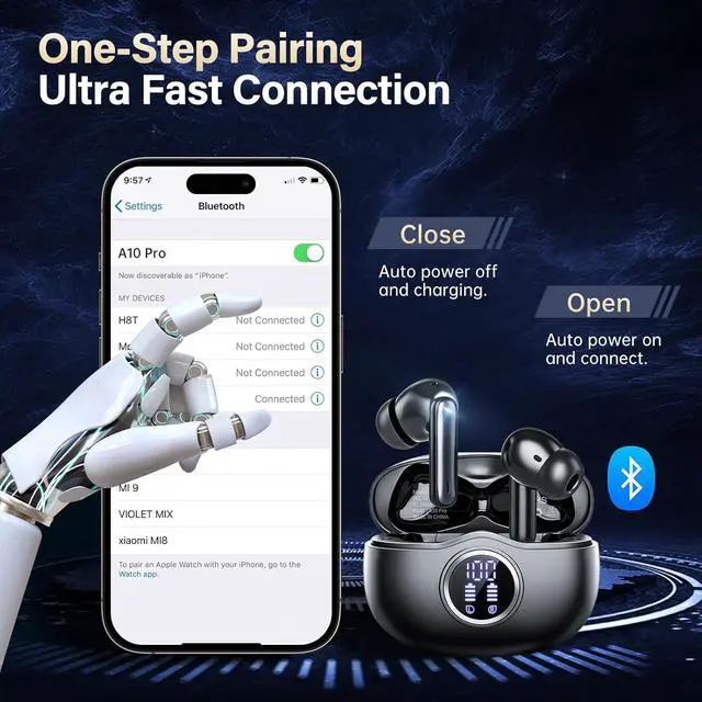 Alt view image 7 of 7 - A10 Pro Wireless Earbuds Bluetooth 5.3 HiFi Stereo, 50H Playback LED Digital Display Earphones, ENC Noise Cancelling Mic, Ergonomic Sport Headphone Headset for Gym/Running/Work