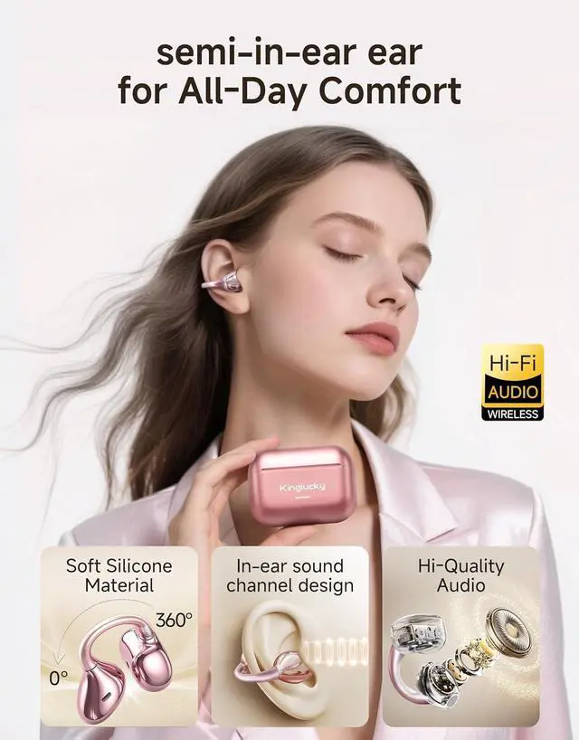Alt view image 2 of 7 - King Lucky Clip On Earbuds Wireless Bluetooth 5.4-Open Ear Earbuds&Headphones,50H Playtime,IPX5 Waterproof,ENC,Multipoint,Ideal for Running,Sport,Workout,Compatible with Glasses&Small Ears