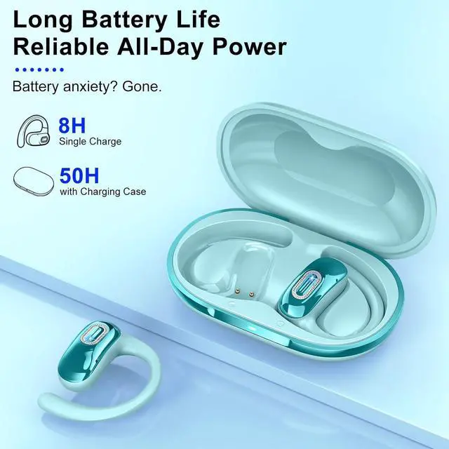 Alt view image 2 of 7 - Open Ear Headphones, Bluetooth 5.4 Earbuds, 50H, Air Conduction Ear buds, HD Stereo Bass Over Ear Earphones with Earhooks, Ultra-Comfort Secure Fit, IPX7 Waterproof Headset for Working Sports, Blue