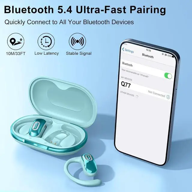 Alt view image 7 of 7 - Open Ear Headphones, Bluetooth 5.4 Earbuds, 50H, Air Conduction Ear buds, HD Stereo Bass Over Ear Earphones with Earhooks, Ultra-Comfort Secure Fit, IPX7 Waterproof Headset for Working Sports, Blue