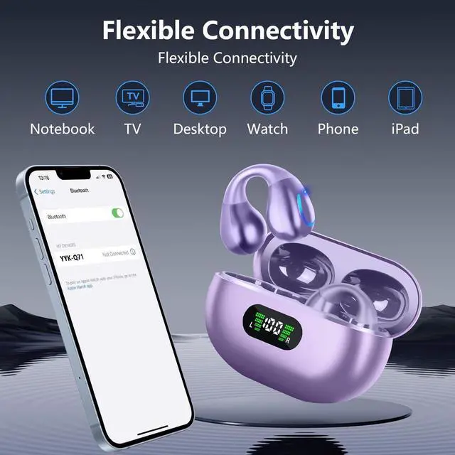 Alt view image 4 of 7 - Ultra Open Ear Headphones Bluetooth 5.3 Wireless Clip On Earbuds with Digital Display Charging Case 60 Hours Playtime Sport Earphones Built-in Mic IPX7 Waterproof for Running Fitness Purple