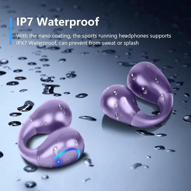 Alt view image 3 of 7 - Ultra Open Ear Headphones Bluetooth 5.3 Wireless Clip On Earbuds with Digital Display Charging Case 60 Hours Playtime Sport Earphones Built-in Mic IPX7 Waterproof for Running Fitness Purple
