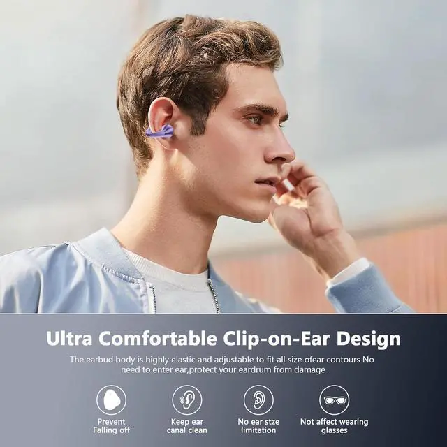 Alt view image 6 of 7 - Ultra Open Ear Headphones Bluetooth 5.3 Wireless Clip On Earbuds with Digital Display Charging Case 60 Hours Playtime Sport Earphones Built-in Mic IPX7 Waterproof for Running Fitness Purple