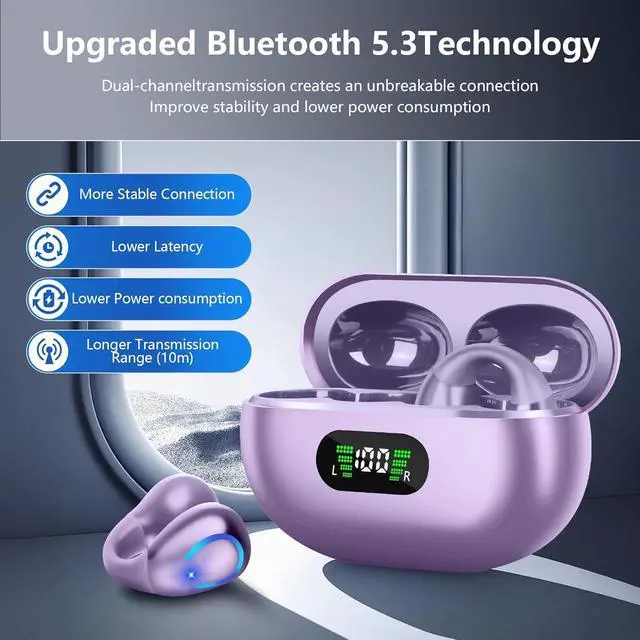 Alt view image 5 of 7 - Ultra Open Ear Headphones Bluetooth 5.3 Wireless Clip On Earbuds with Digital Display Charging Case 60 Hours Playtime Sport Earphones Built-in Mic IPX7 Waterproof for Running Fitness Purple