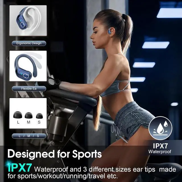 Alt view image 3 of 7 - 2 Sets Wireless Earbuds Sport, Bluetooth 5.4 Over Ear Buds Stereo Deep Bass Over Ear Bud with Earhooks, 75H Wireless Earphones with Mic, IPX7 Waterproof Earphone for Sports Blue+White