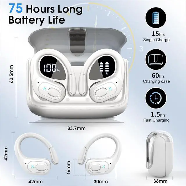 Alt view image 2 of 7 - 2 Sets Wireless Earbuds Sport, Bluetooth 5.4 Over Ear Buds Stereo Deep Bass Over Ear Bud with Earhooks, 75H Wireless Earphones with Mic, IPX7 Waterproof Earphone for Sports Blue+White