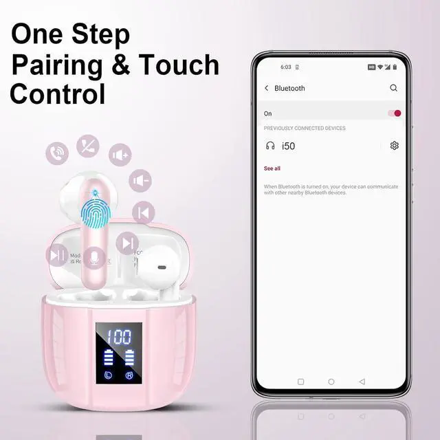 Alt view image 4 of 7 - Wireless Earbuds, Bluetooth 5.4 Headphones, 48H, Stereo Ear Buds, LED Display Earphones with Mic, IP7 Waterproof In EarBud, Comfort Fit, Bluetooth Earbuds for Phone Android iOS, Sport, Walk, Pink