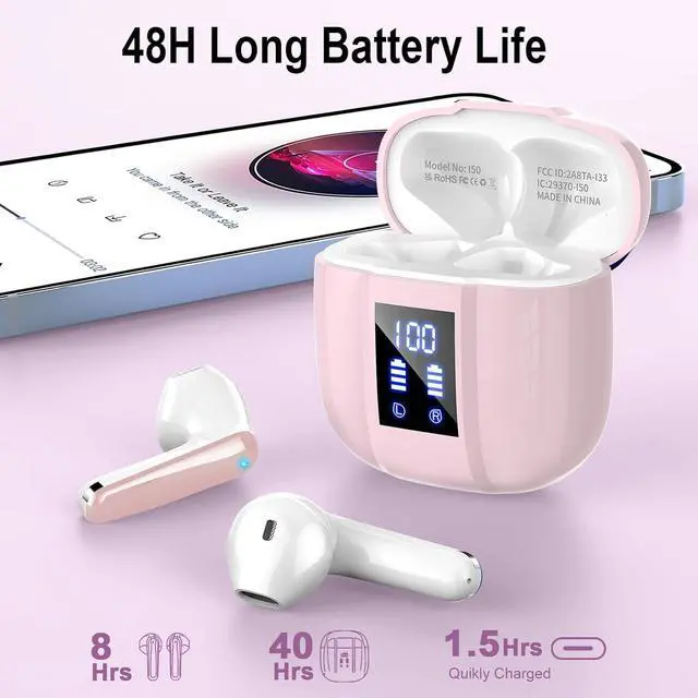 Alt view image 5 of 7 - Wireless Earbuds, Bluetooth 5.4 Headphones, 48H, Stereo Ear Buds, LED Display Earphones with Mic, IP7 Waterproof In EarBud, Comfort Fit, Bluetooth Earbuds for Phone Android iOS, Sport, Walk, Pink