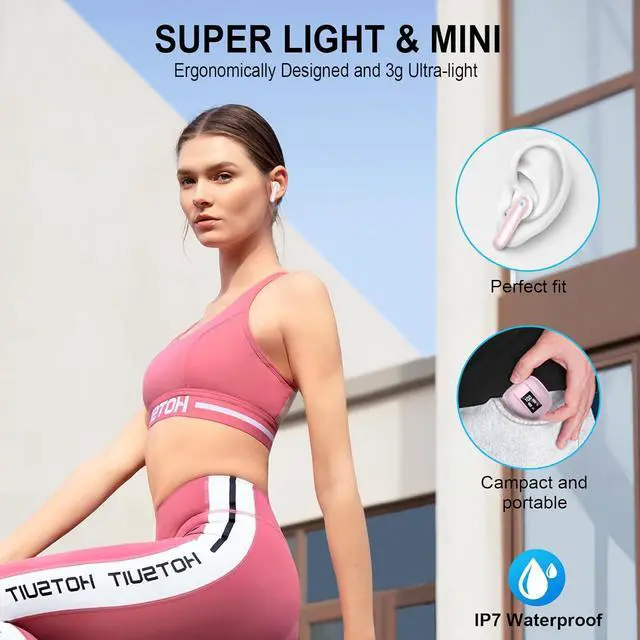 Alt view image 7 of 7 - Wireless Earbuds, Bluetooth 5.4 Headphones, 48H, Stereo Ear Buds, LED Display Earphones with Mic, IP7 Waterproof In EarBud, Comfort Fit, Bluetooth Earbuds for Phone Android iOS, Sport, Walk, Pink