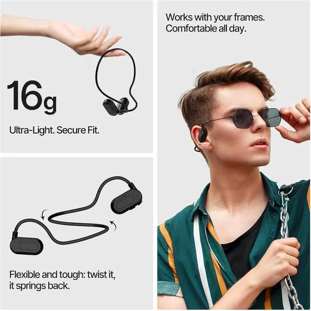 Alt view image 3 of 6 - Open Ear Bluetooth Headphones Air Conduction Neckband  ENC Clear Calls, All-Day Battery, Glasses-Friendly, Sweat-Resistant, Bluetooth 5.2 for Work & Sports