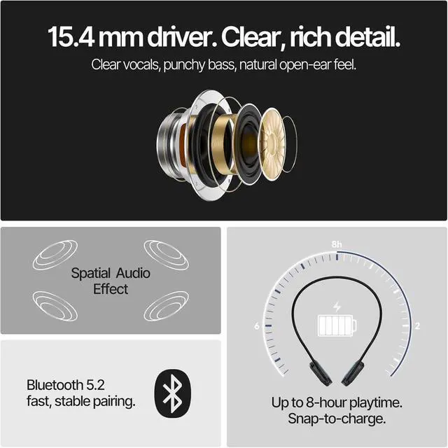 Alt view image 5 of 6 - Open Ear Bluetooth Headphones Air Conduction Neckband  ENC Clear Calls, All-Day Battery, Glasses-Friendly, Sweat-Resistant, Bluetooth 5.2 for Work & Sports