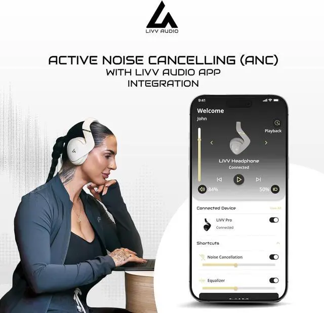 Alt view image 3 of 7 - LIVV PRO Sports Headphones Designed for Gym, Workout, Running - Comfortable, Ergonomic, Over Ear, Active Noise Cancelling, 5 Microphones, Wireless, 50 Hours Battery Life, Bluetooth 5.3, Matte Black