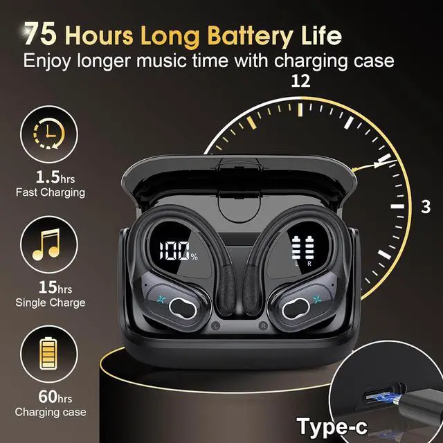 Alt view image 2 of 7 - 3 Sets Wireless Earbuds Sport, Bluetooth 5.4 Over Ear Buds Stereo Deep Bass Over Ear Bud with Earhooks, 75H Wireless Earphones with Mic, IPX7 Waterproof Earphone for Sports Black+Rose Gold+White