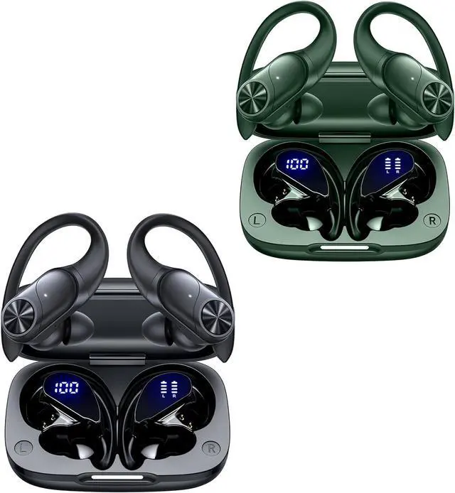 Main image of 2 Sets Bluetooth Headphones Wireless Earbuds 80hrs Playtime Wireless Charging Case Sports Ear buds with Earhook Premium Deep Bass IPX7 Waterproof Over-Ear Earphones for TV Phone Laptop Black and Olive