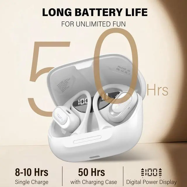 Alt view image 5 of 7 - Open Ear Headphones, Bluetooth 5.4 Headphones Sports, Premium Sound with HD Mic Wireless Earbuds, 48H Playtime LED Power Display Ear Buds, IPX7 Lightweight Comfort Earphones for Running, White