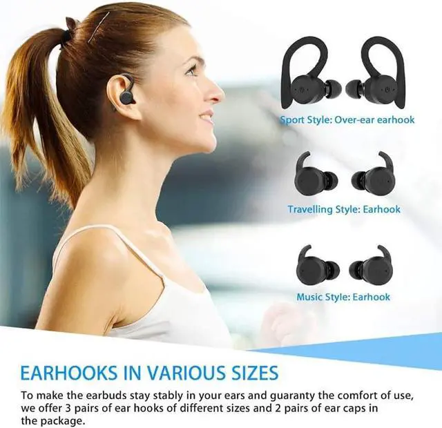 Alt view image 5 of 7 - 20 Hours Play time Swimming Waterproof Bluetooth Earphone Dual Wear Style Sport Wireless Headset TWS Ipx7 Earbuds Stereo (Black)