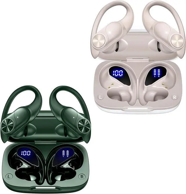 Main image of 2 Sets Bluetooth Headphones Wireless Earbuds 80hrs Playtime Wireless Charging Case Sports Ear buds with Earhook Premium Deep Bass IPX7 Waterproof Over-Ear Earphones for TV Phone Laptop Olive and White