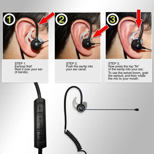 Alt view image 4 of 4 - Klein Electronics 3.5mm Connector Earpiece for Cellular Phones, Noise Canceling Boom Microphone, Lightweight & Secure Communication, Right Ear Usage Only, Includes 3 Sizes of Soft Silicone