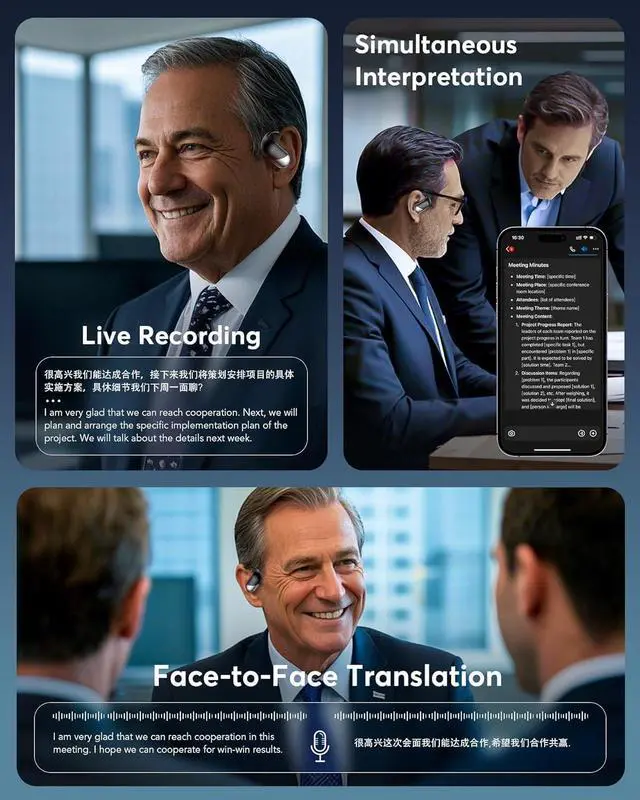 Alt view image 2 of 7 - Open Ear Air Conduction Headphones with Earhooks AI Translator Earbuds Real-Time 144 Languages & Accents, 3-in-1 Open Ear Wireless Bluetooth Earbuds with Charging Case, iOS & Android Compatible