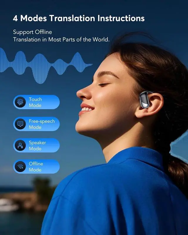 Alt view image 4 of 7 - Open Ear Air Conduction Headphones with Earhooks AI Translator Earbuds Real-Time 144 Languages & Accents, 3-in-1 Open Ear Wireless Bluetooth Earbuds with Charging Case, iOS & Android Compatible