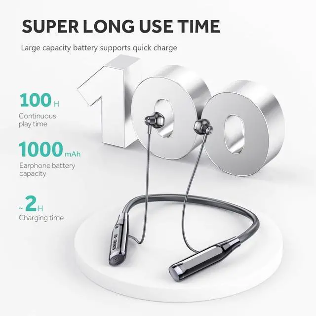 Alt view image 2 of 7 - Neckband Bluetooth Headphones Headset with 100H Playtime,Sports Waterproof Earphones with Durability,Noise Cancelling with Mic,1000mAh Battery,Support TF Card Playback,White-Full in-Ear