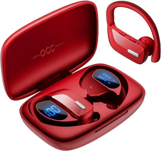 Main image of occiam Wireless Sport Earbuds Bluetooth Headphones with Mic 80H Playtime IPX5 Waterproof Ear Buds Deep Bass Earphones Over Ear Headset for Running Gym Workout - Red