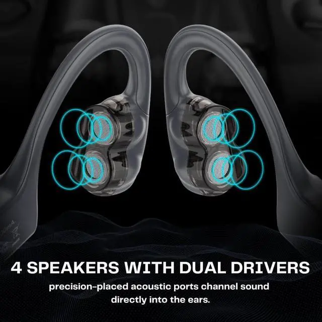 Alt view image 2 of 7 - Open Ear Headphones Wireless Bluetooth, 4-Speakers Open Air Conduction Headsets,IPX6 Warterproof Conducting Earphones with Microphone,8 Hours Playtime for Cycling, Driving, Sports, Gym, Hiking White