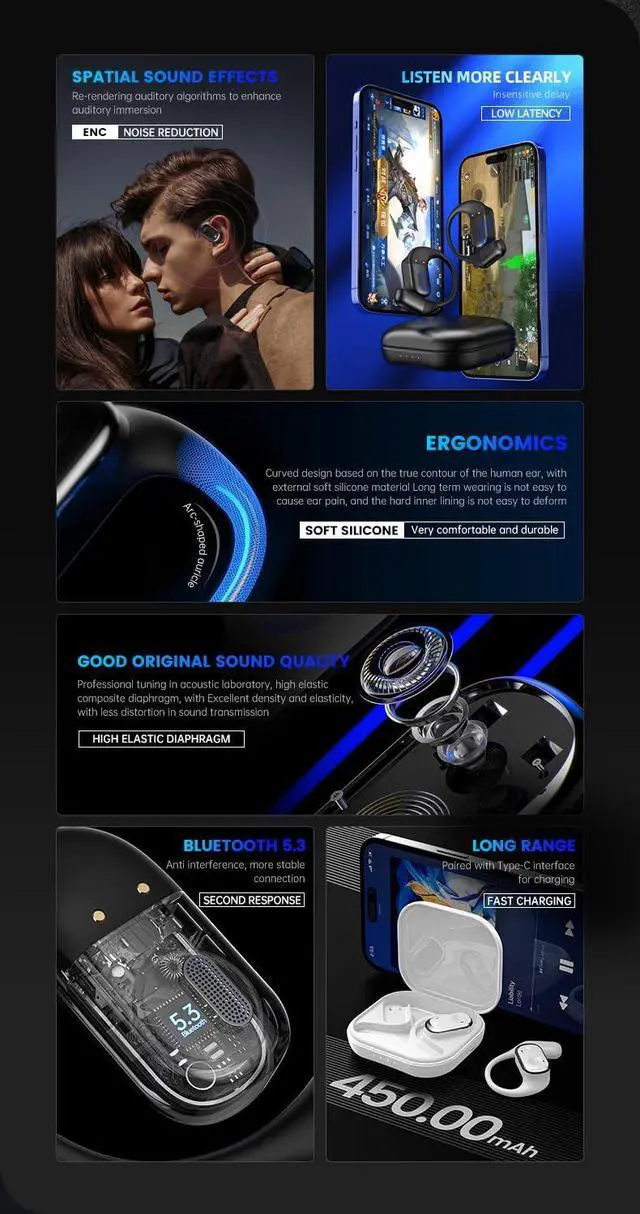 Alt view image 2 of 7 - Micool Open Ear Headphones, Open Ear Earbuds Wireless Bluetooth 5.3, True Wireless Air Condition Headphones with Earhooks for Sports, HD Voice/Long Battery Life