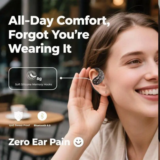 Alt view image 5 of 7 - Micool Open Ear Headphones Bluetooth 6.0, Clip On Earbuds Wireless with 36H Playtime, Noise Cancelling Comfort Fit Sports Headphones