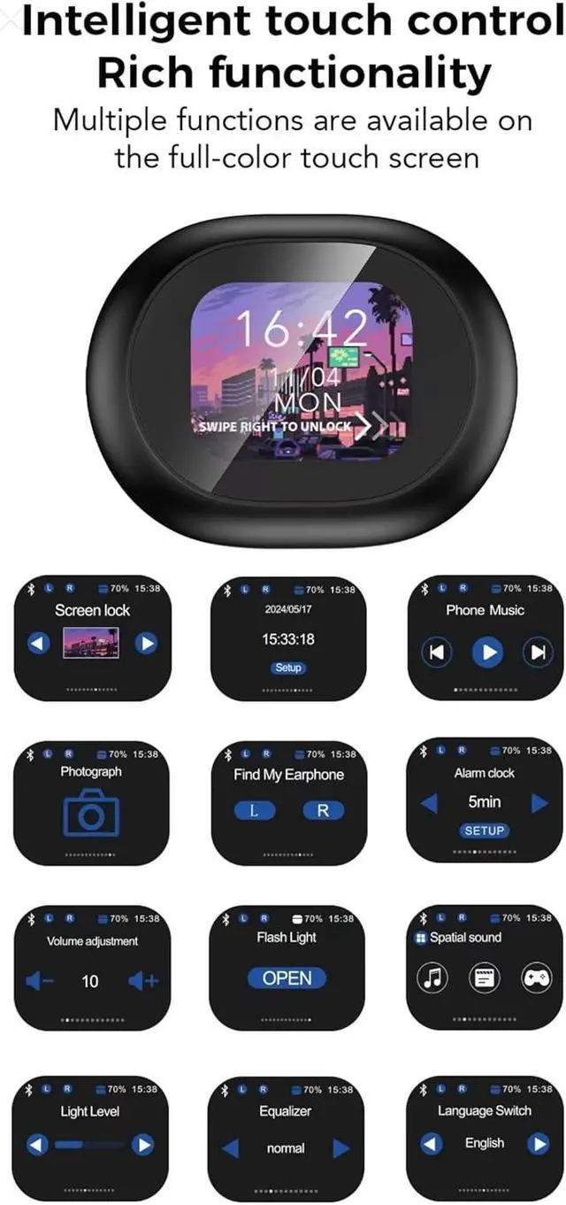 Alt view image 5 of 7 - Open Ear Bluetooth 5.4 Earbuds Open Ear Headphones Sport Earphones Built-in Mic with Hooks Earbuds LED Display Charging Case for Running (Black)