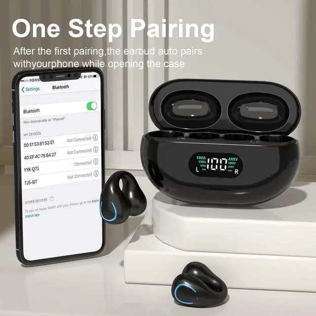 Alt view image 3 of 7 - Open Ear Bone Conduction Earbuds Wireless Clip On Headphones with Digital Display Charging Case with Ear Hook Built-in Mic IPX7 Waterproof Bluetooth 5.3 Sport Earphones for Running Fitness 5