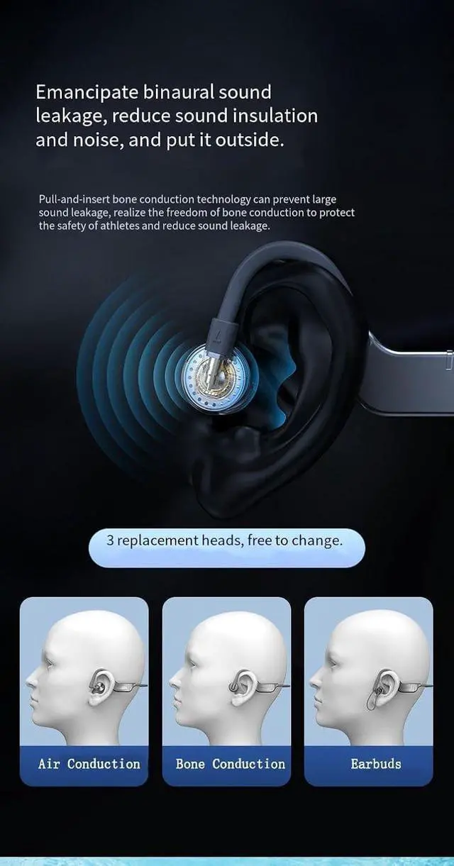 Alt view image 2 of 5 - Bone Conduction Headphones, Open-Ear, Three Replacement Heads, Including IPX8 Waterproof Swimming, Built-in 32GB Sports Earbuds, Microphone, 8H Gaming time, Bicycle, Black