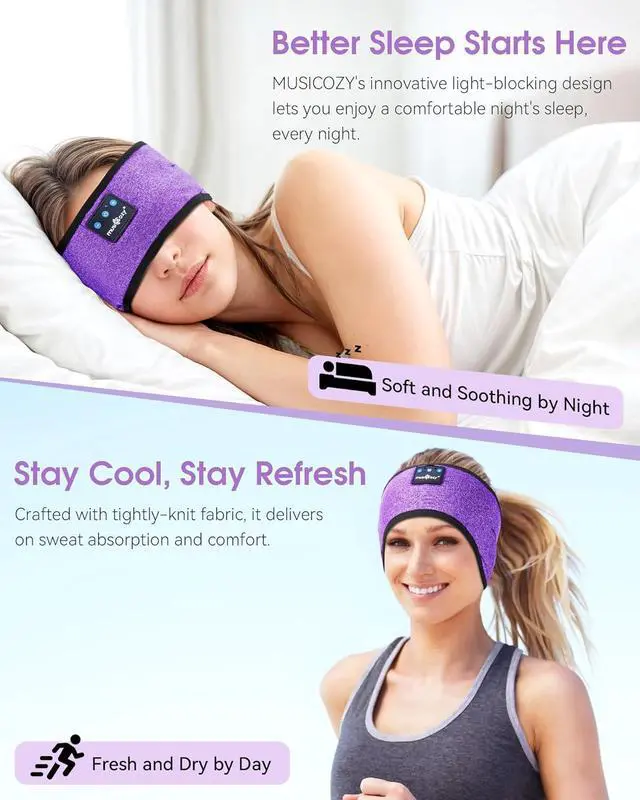 Alt view image 4 of 7 - MUSICOZY Bluetooth 5.4 Sleep Headphones Headband, Zipper Washable Eye Mask with HD Stereo Speakers + Wireless Sports Headband, 14H Playtime Music Headphones for Sleeping, Running, Travel, Meditation