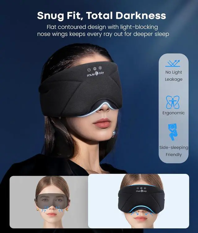 Alt view image 7 of 7 - MUSICOZY Bluetooth 5.4 Sleep Headphones Headband, Zipper Washable Eye Mask with HD Stereo Speakers + Wireless Sports Headband, 14H Playtime Music Headphones for Sleeping, Running, Travel, Meditation