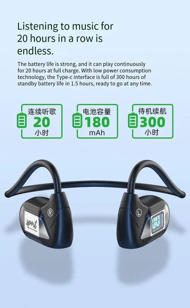 Alt view image 7 of 7 - Bone Conduction Headphones Swimming Headphones Open Ear Bluetooth Air Conduction Earphones Ip68 Waterproof Wireless Earbuds with LED Power Display 20Hrs Playtime Sports Earbuds,Green