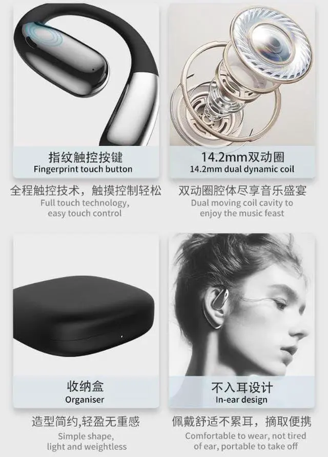 Alt view image 6 of 7 - Wireless Ear Buds Bluetooth 5.4 Open Ear Headphones with Earhook & Mic, 60Hrs Playback Sport Earphones,Ultra-Comfort,Lightweight Design,Fast Charging,Smart Translation Earbuds HIFI Sound Quality,White