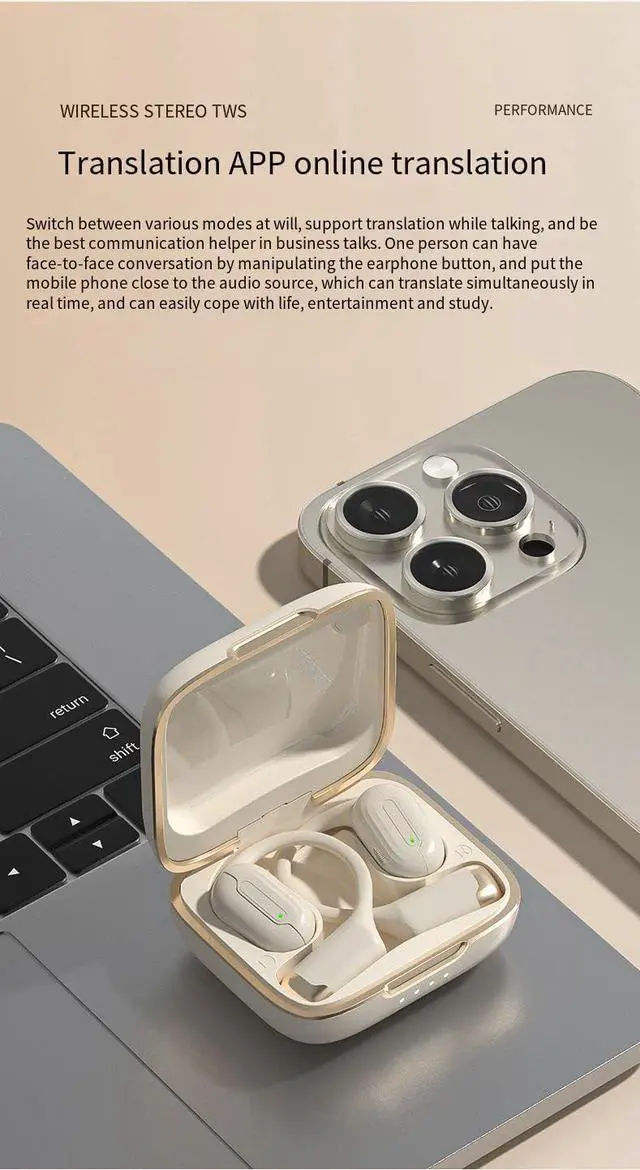 Alt view image 7 of 7 - Open Ear Air Conduction Headphones Wireless Bluetooth 5.4 Translation Headphones,Single 8H Playback Time IPX5 Waterproof Wireless Earbuds, Ergonomic Ear Hooks,Snug Fit for Workout Driving,Black