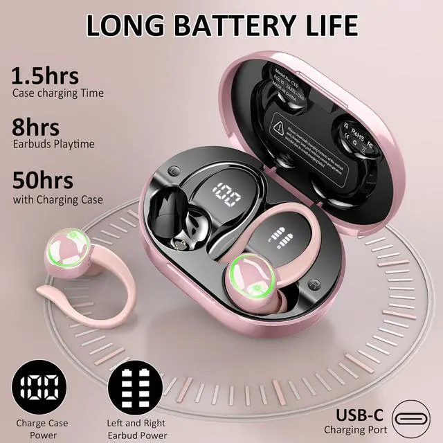 Alt view image 3 of 7 - Wireless Earbuds, Bluetooth Headphones Sports, IP7 Waterproof Headset with Earhook Workout, 50H Playback Over-Ear Buds with ENC Noise Cancelling Mic, Deep Bass Fitness Earphones Gym Running